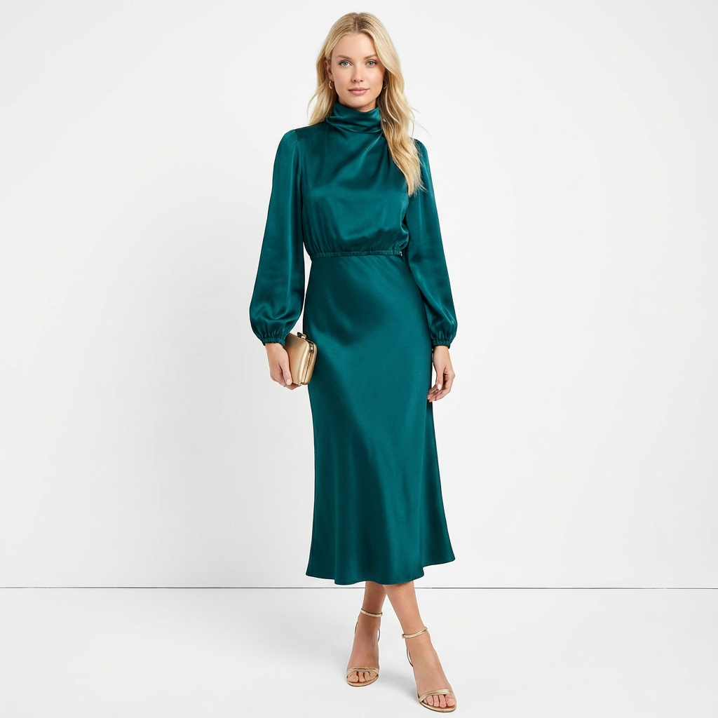 Tessa | Satijnen Hoge-Hals Midi Jurk voor Dames